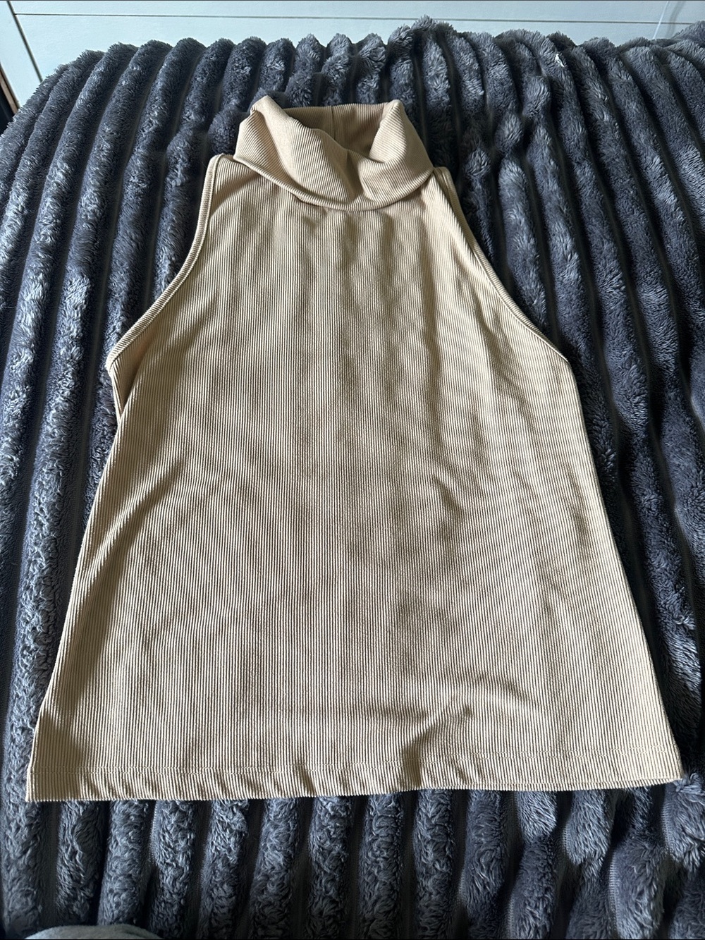 bebe Sleeveless Ribbed Mock Neck Tank Top in Beige